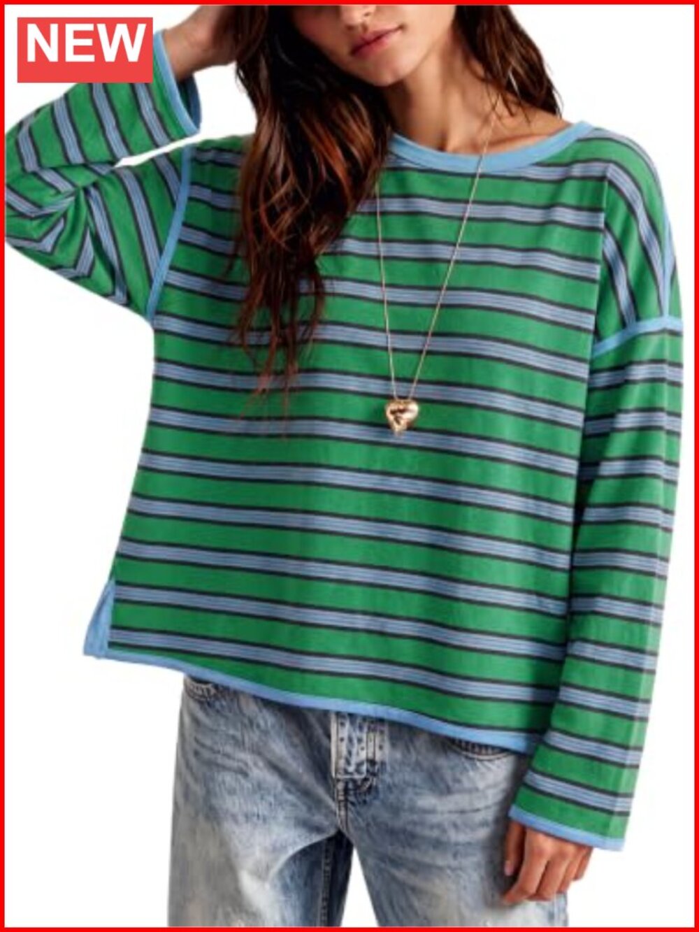 Oversized Striped Long Sleeve Tunic Tee Soft Stretchy Casual Top